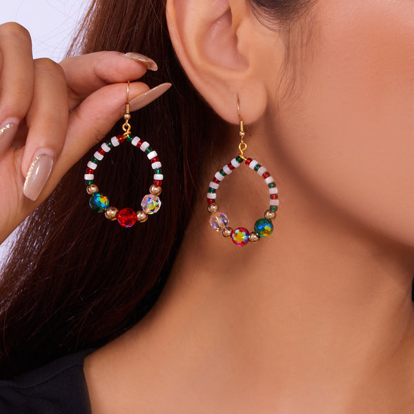Christmas Bow Rice Bead White Crystal Garland Earrings