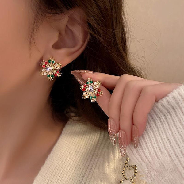 Christmas jewelry diamond snowflake earrings light luxury high-end fashion creative pearl earrings for women