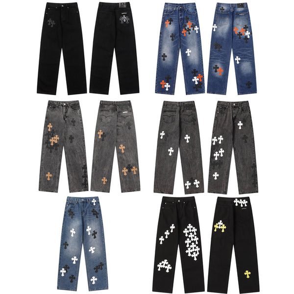 Chrome Hearts color cross leather jeans pants