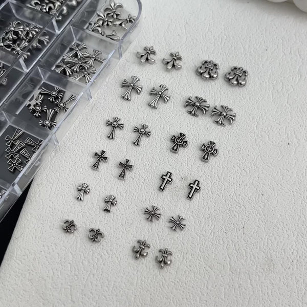 Chrome Hearts Nail Art Set - Retro Dark Style Cross Metal Rivet Nail Rhinestones (12 Slots)