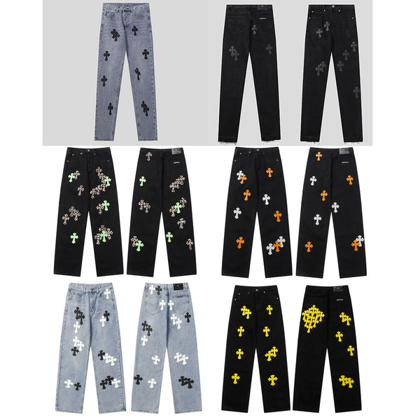 Chrome Hearts leather loose straight jeans pants