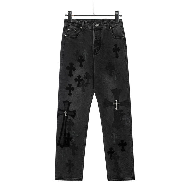 Chrome Hearts Cross Applique Embroidery Washed Jeans Couples Loose Fit Denim Pants
