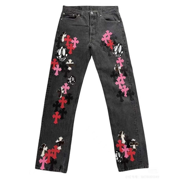 Chrome Hearts Couples Loose Jeans Cross Patch Embroidery Washed Denim Trousers