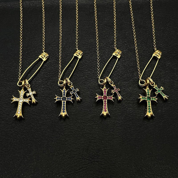 Chrome Hearts gold pin double cross diamond necklace