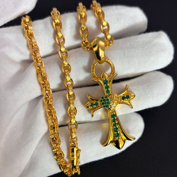 Chrome Hearts full green diamond gold double cross