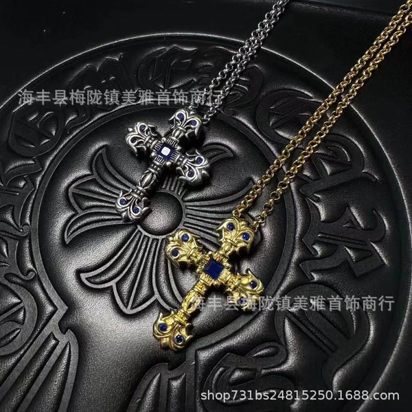 Chrome Hearts flame cross blue diamond necklace