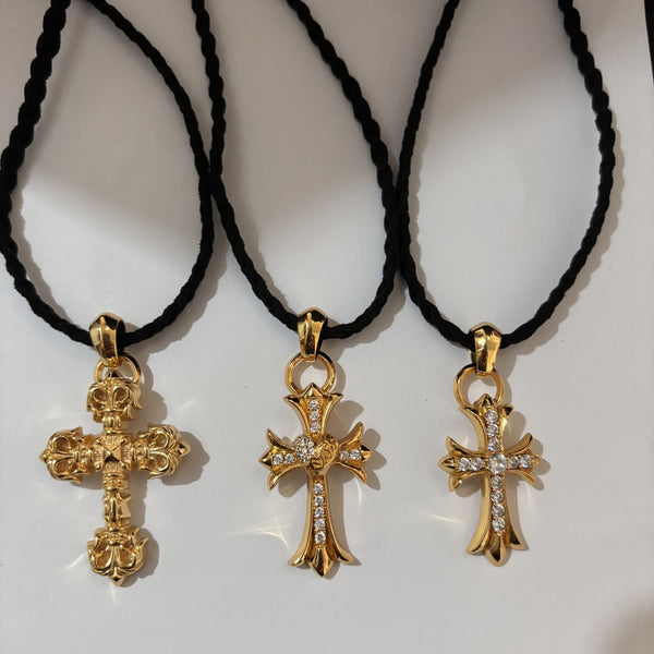 Chrome Hearts golden cross leather rope necklace