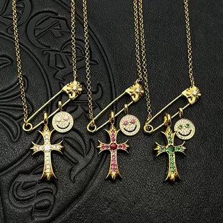Chrome Hearts gold smiley face cross brooch necklace