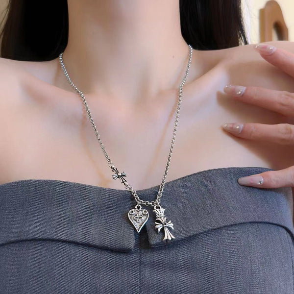 Chrome Hearts Cross Crown Love Heart Double Pendant