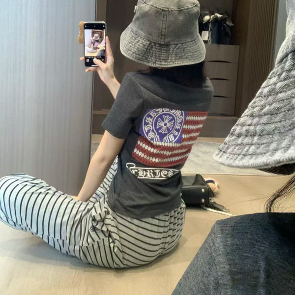 chrome hearts gray back printed V-neck short-sleeved T-shirt
