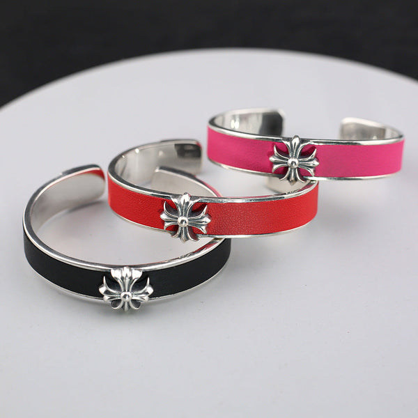 Chrome Hearts Cross Flower Leather Open Bracelet