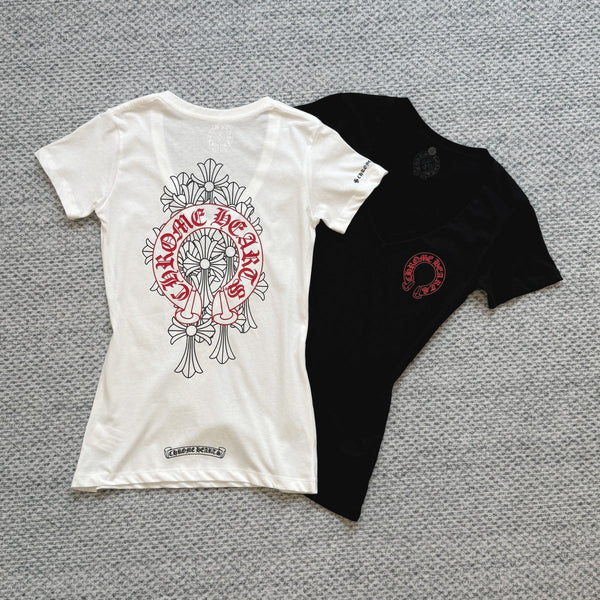 chrome hearts cross red horseshoe V-neck short-sleeved T-shirt