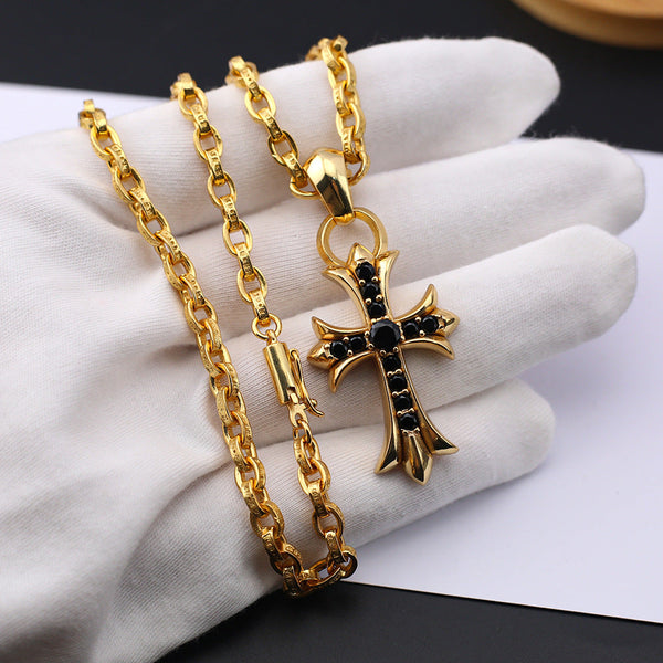Chrome Hearts 24 gold black diamond large cross letter necklace