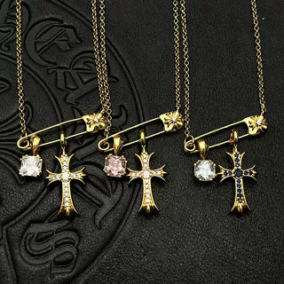 Chrome Hearts gold sugar cube large cross brooch necklace