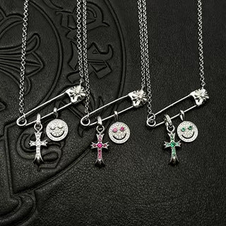 Chrome Hearts silver smiley cross diamond brooch necklace