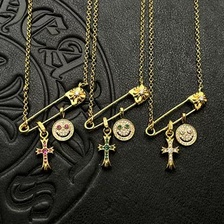 Chrome Hearts gold smiley face small cross brooch necklace