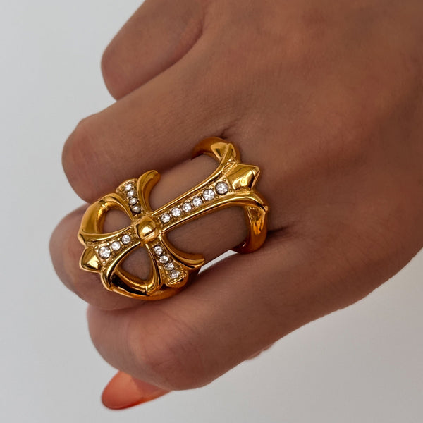 Chrome Hearts diamond-studded hollow cross crown ring